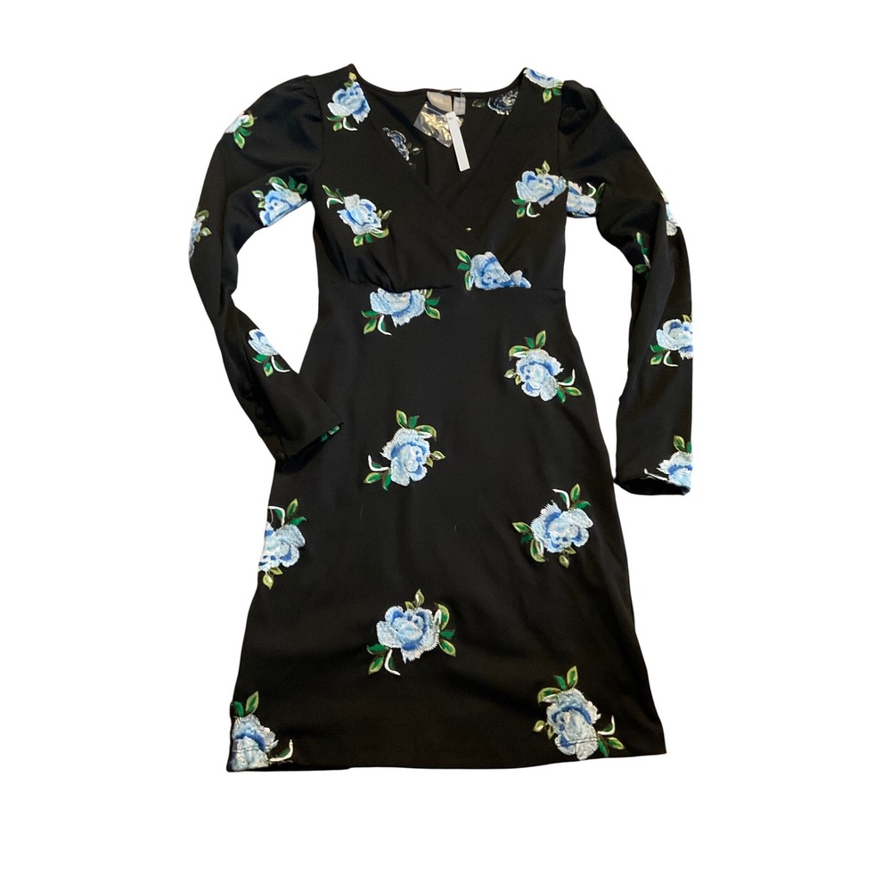 ASOS Womens Black Blue Floral Embroidered V-Neck Long Sleeve Mini Dress nwt